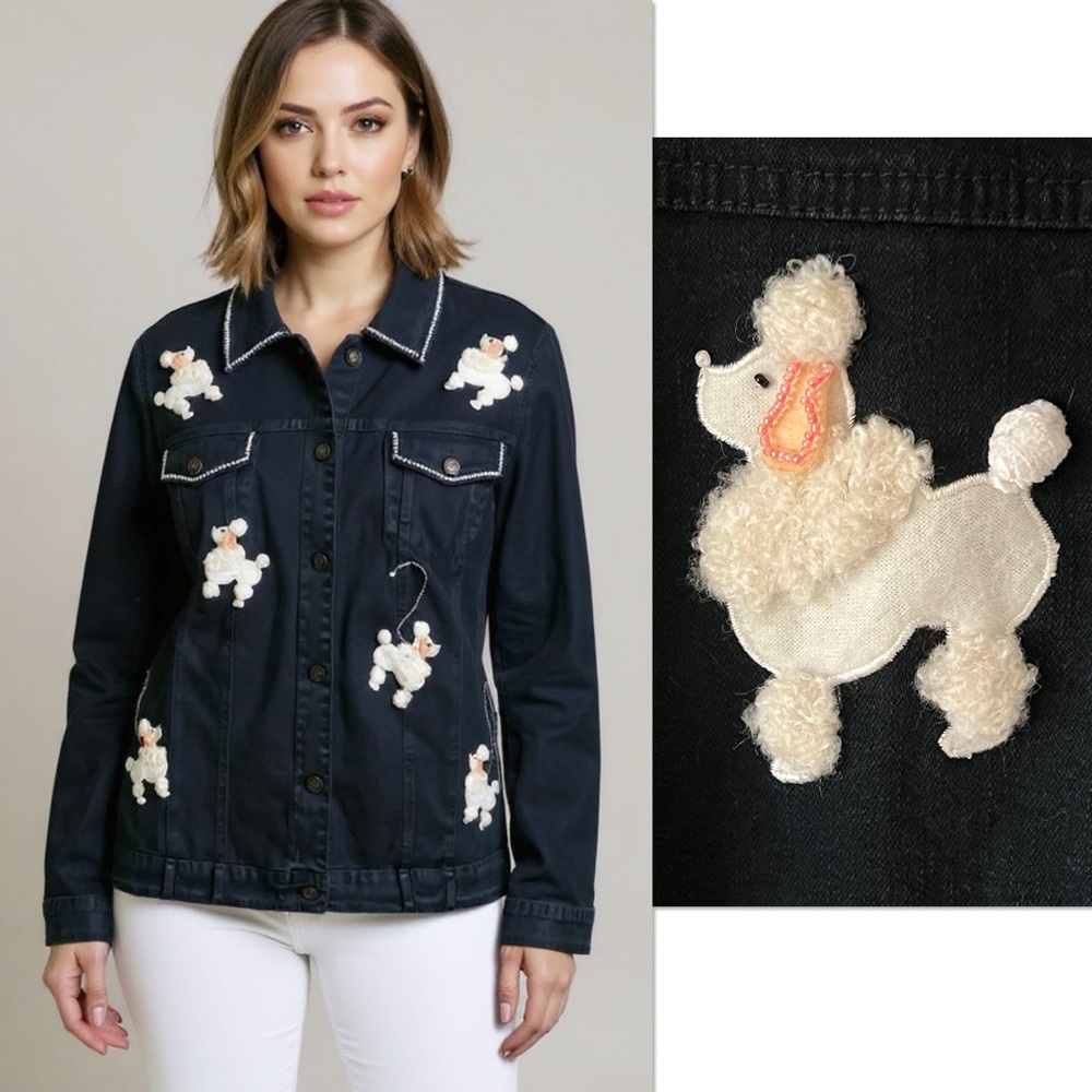 Quacker Factory Jean Jacket 2X Black Denim Poodle Dog Rhinestone Embellished